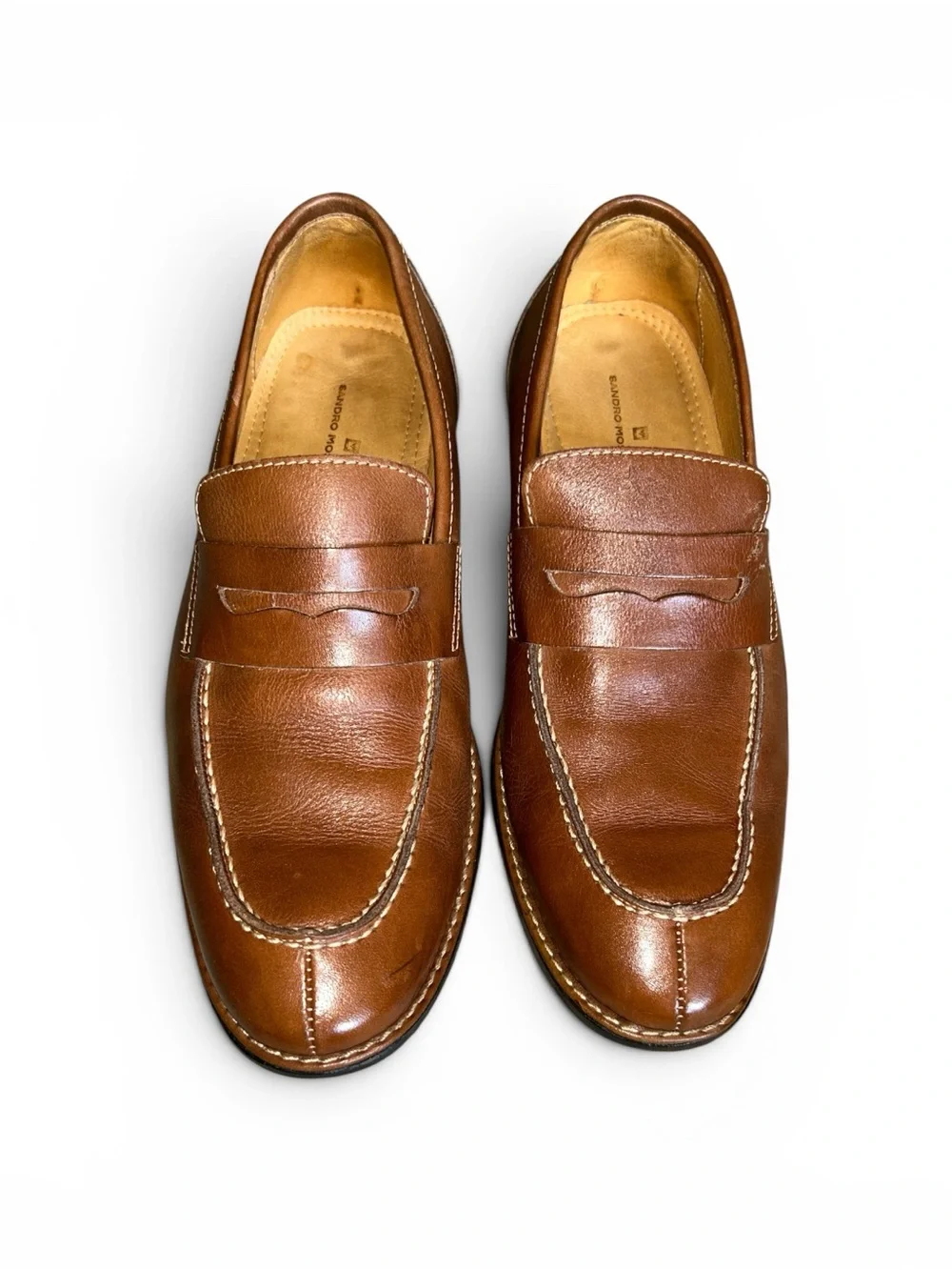 Sandro Moscoloni Cognac Tan Leather Penny Loafers Mens Size 9D Quiet Luxury Prep